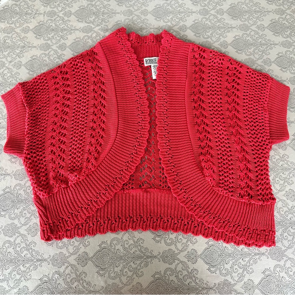 Vintage Robbie Bee Crochet Bolero Cardigan Sweater LARGE Red Short Sleeve